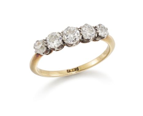 An early 20th century 18ct gold diamond five stone half-hoop ring, with a row of graduated old brilliant-cut and Swiss-cut di