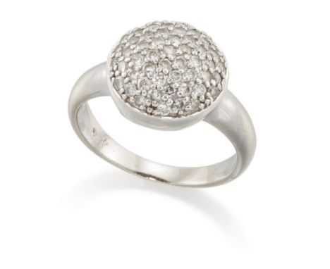 A pavé diamond ring, the slightly domed, circular head pavé set with brilliant-cut diamonds, to plain D section hoop, stamped