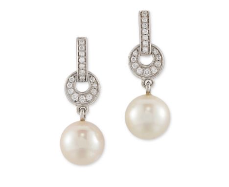 A pair of cultured freshwater pearl and diamond earrings,&nbsp;with a cultured freshwater pearl drop surmounted by brilliant-