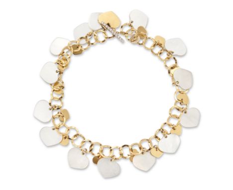 Nanis. An Italian mother of pearl bracelet/anklet, circular links suspending hearts and mother of pearl hearts, with a brilli