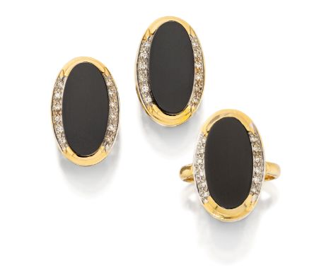 A pair of onyx and diamond earrings and ring, the earrings of oval onyx panel form with single-cut diamond borders, post fitt