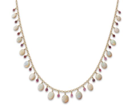 An opal and ruby fringe necklace, the front half with alternating graduated oval cabochon opals and oval mixed cut rubies, al