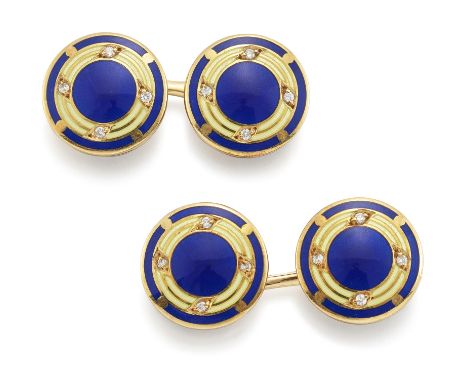 A pair of 18ct gold enamel and diamond cufflinks, round panels with brilliant-cut diamonds grain set to a blue and yellow ena