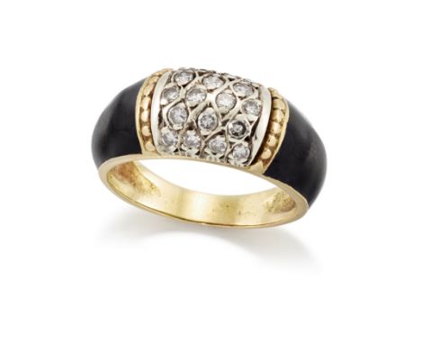 A diamond and enamel ring, of domed, tapering form, the head pav&eacute; set with single-cut diamonds, to black enamel should