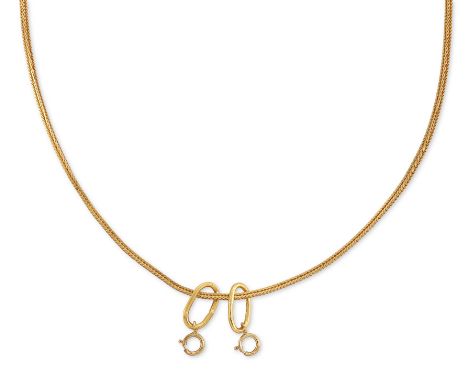 A foxtail link chain, with bolt ring clasp, suspending two pendant/charm holders with bolt rings, stamped 750, length 62cm Co