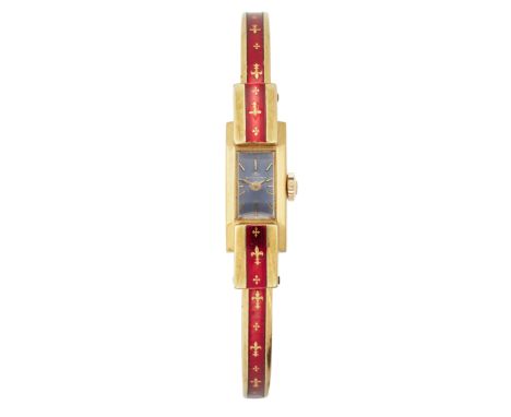 Bucherer. A steel and gold plated manual wind watch on sprung enamel bracelet  Circa 1970 Manual wind movement, blue dial wit