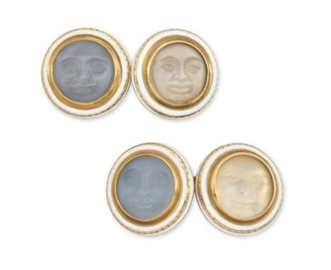 A pair of early 20th century gold and moonstone cufflinks, each circular panel set with a moonstone carved as the face of the