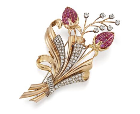 A Continental ruby, synthetic ruby and diamond spray brooch, in the form of raspberries or strawberries channel set with cali