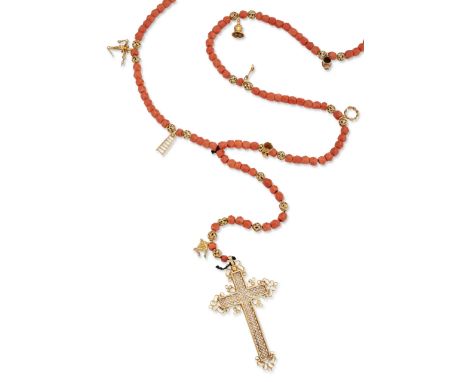 A Continental antique coral and gold rosary necklace,&nbsp;Iberian or Italian, with a gold filigree cross, (unidentified mark