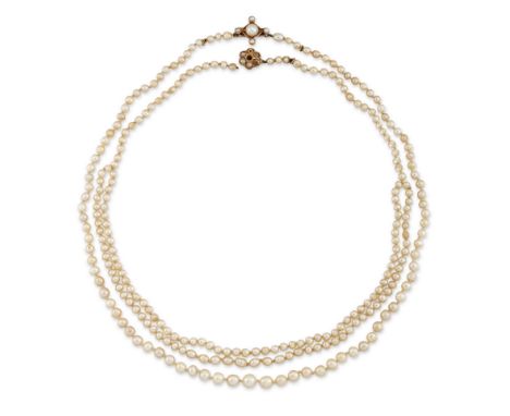 Two pearl necklaces, the first a graduated single-row, diameters ranging from 3.2mm to 5.8mm, length 44cm; the second of roug