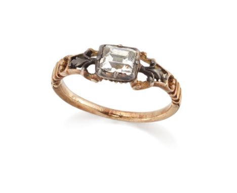 An 18th century gold diamond ring, with central silver closed-set rectangular-cut diamond, fluted bezel reverse, to silver fl
