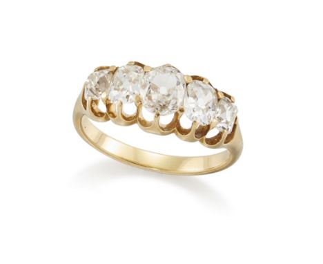 A Victorian gold five stone diamond ring, with a row of graduated oval and cushion old brilliant-cut diamonds, claw set to a 