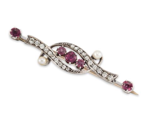 An Edwardian ruby and diamond bar brooch, designed as a brilliant cut diamond crossover with circular-cut ruby three stone ce