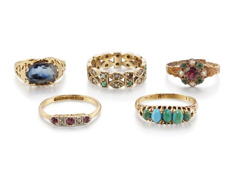 A group of five antique gem rings, comprising a 19th century gold oval sapphire single stone ring with pierced foliate should