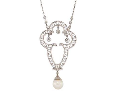 A diamond and cultured pearl pendant, the pendant of quatrefoil outline with one elongated lobe, pierced and grain set with r