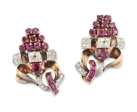 A pair of Continental ruby and diamond earrings, of spray design, claw set with round and oval mixed cut rubies, with pavé se