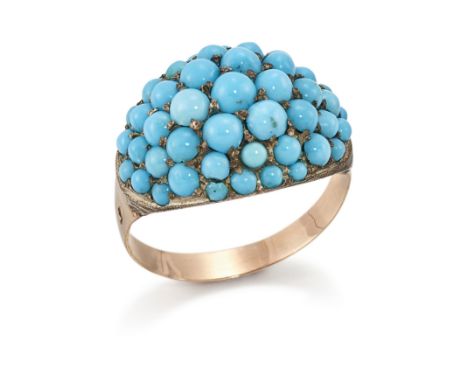 A 19th century gold turquoise ring, of bomb&eacute; oval cluster design, to plain tapering hoop, ring size P&nbsp;