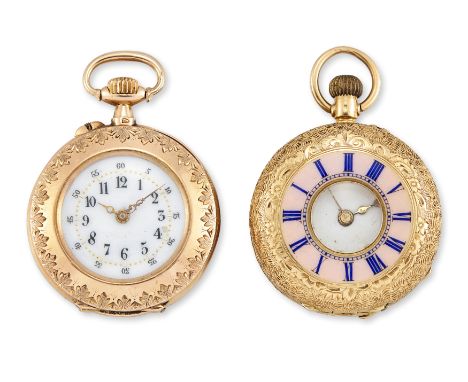 Two gold fob watches including half hunter case with keyless cylinder movement, engraved case with enameledRoman chapter ring