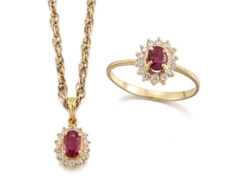 A ruby and diamond ring and pendant, the ring in the form of a single claw-set oval mixed-cut ruby with brilliant-cut diamond