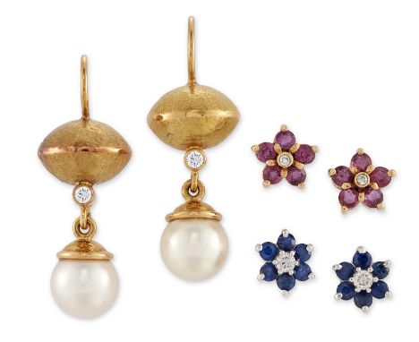 Three pairs of earrings, comprising: a pair of diamond and sapphire cluster earrings, stamped 14k, diameter 7.5mm; a pair of 