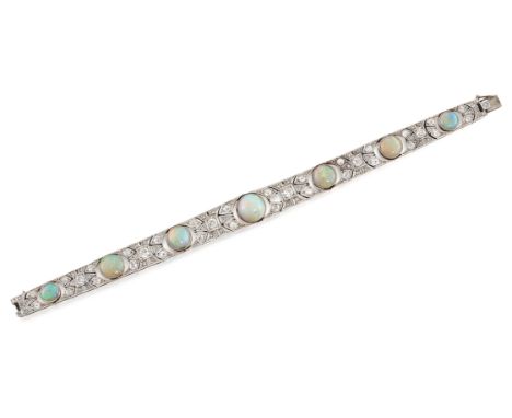 A Belle Époque gold and platinum opal and diamond bracelet, composed of old-brilliant and rose-cut diamond set articulated pa