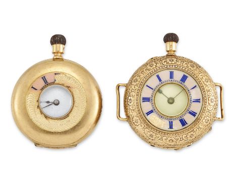 Two half hunter watches One converted to a wire lugged wristwatch, one a pocket watch, both with pink enamel chapter rings (w