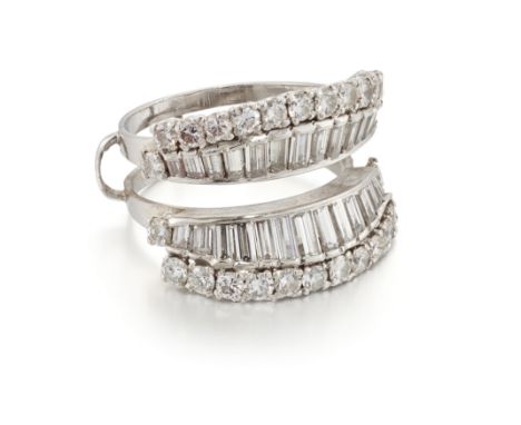 A diamond set 'jacket' ring, of fan design, with two rows of graduated baguette-cut diamonds and brilliant-cut diamonds, to a