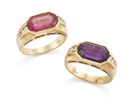 A pair of gemstone and diamond rings, each with an octagonal step-cut amethyst or pink tourmaline, rubover set, with graduate