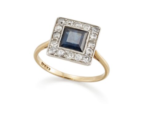 An early 20th century 18ct gold sapphire and diamond cluster ring, with a square step cut sapphire to border of single-cut di