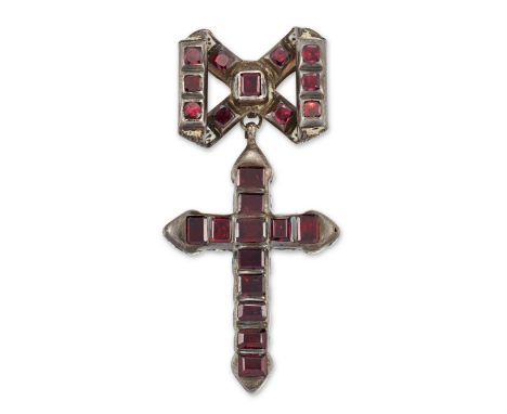 A 17th century silver garnet cross pendant, the Latin cross closed set with rectangular-cut garnets, to a matching bow suspen