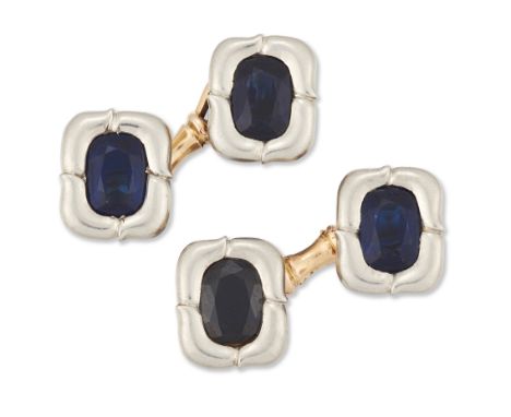 A pair of Russian synthetic sapphire cufflinks, cushion-shaped panels set with a mixed-cut synthetic-sapphire, with double cl