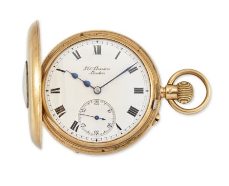 J. W Benson. A 9ct gold keyless wind half hunter pocket watch London hallmark for 1930 Jewelled keyless lever movement signed