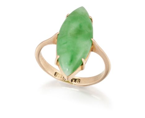 A jadeite jade ring, the single marquise cabochon jade in claw setting to plain hoop, approximate dimensions of jade 19.9 x 7