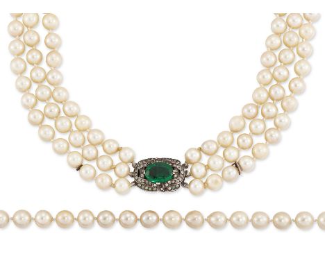 Two cultured pearl necklaces,&nbsp;comprising: a three row graduated cultured pearl necklace, approximately 6.7 - 10.0mm, wit