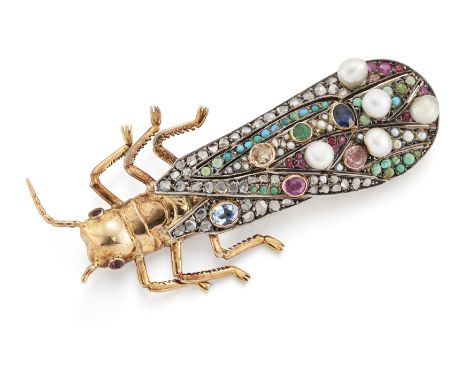 A mid 20th century gold, diamond and gem bug brooch, the wings set throughout with rose-cut diamonds, pearls, emerald, rubies