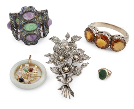 A collection of jewellery, comprising: a Victorian silver, citrine bangle, with three round mixed cut citrines claw set to th