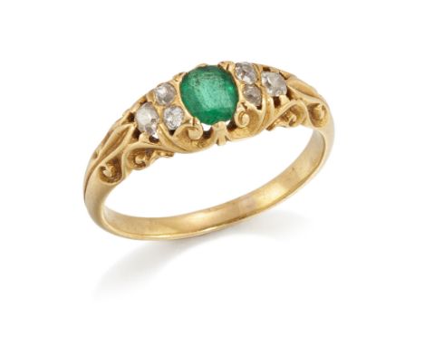 A Victorian gold emerald and diamond half hoop ring, the single oval emerald with old-brilliant-cut diamond three stone shoul