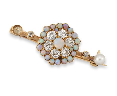 An early 20th century diamond and opal brooch, designed as an opal and old-brilliant-cut diamond octagonal cluster on a strai