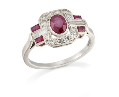 An early 20th century platinum ruby and diamond ring, the oval mixed cut ruby to single-cut diamond surround, with a baguette