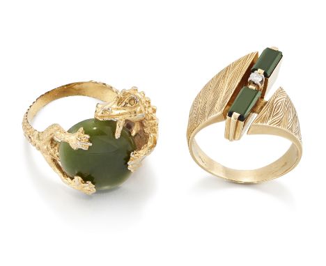 A green tourmaline and diamond ring, by Zeeta, with textured crossover shoulders and a plain hoop, stamped 18ct, ring size P 