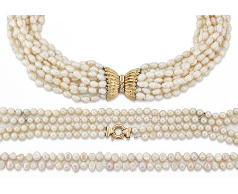 Three cultured pearl necklaces,&nbsp;comprising a ten row cultured freshwater pearl necklace with diamond set bow form clasp,