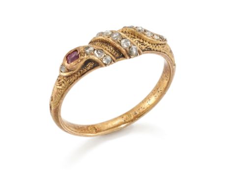 A late 19th century gold, ruby and diamond serpent ring, the hoop set with a rose-cut diamond serpent with ruby single stone 