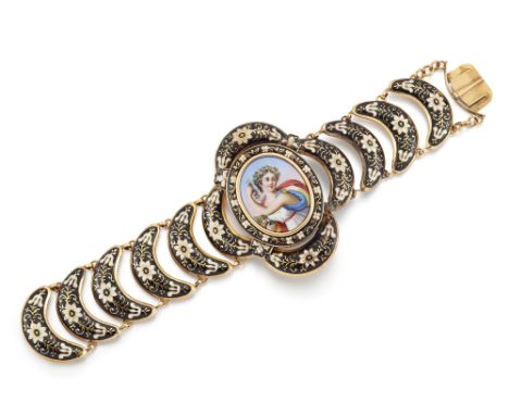 A late 19th century Swiss gold and Swiss enamel bracelet, with central oval Swiss painted enamel plaque depicting Flora, in c