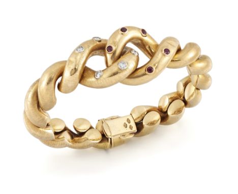 Carlo Weingrill. An Italian ruby and diamond set bracelet, San Marco link bracelet with half polished and half Florentine fin