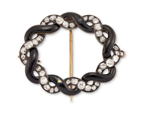 A late Victorian diamond and enamel brooch, of old mine-cut diamond and black enamel entwined garland design, in gold and sil
