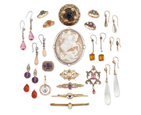 A group of antique and later jewellery,&nbsp;comprising: an Art Nouveau 15ct gold opal and half-pearl brooch by Murrle Bennet