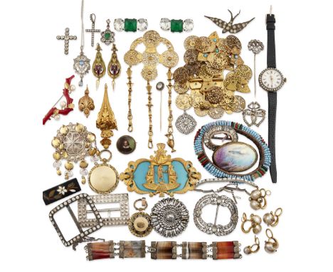 A group of antique and later jewellery, including: a collection of Georgian watch cock jewellery to include a brooch, a buckl
