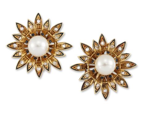 A pair of cultured pearl and diamond earrings, of flowerhead cluster design, each set with rose-cut diamond petals and cultur