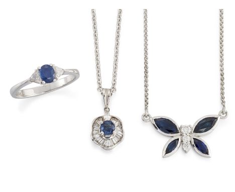 A group of sapphire and diamond jewellery, comprising: an oval mixed-cut sapphire and triangular brilliant-cut diamond three 