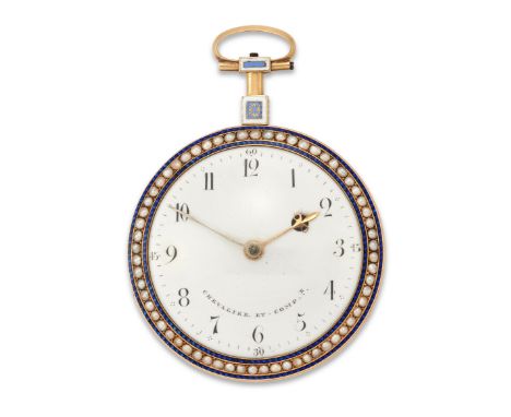 Chevalier et Comp. A gold, enamel and seed pearl open face pocket watch  Numbered 2799, Circa 1830 Gilt full plate fusee verg
